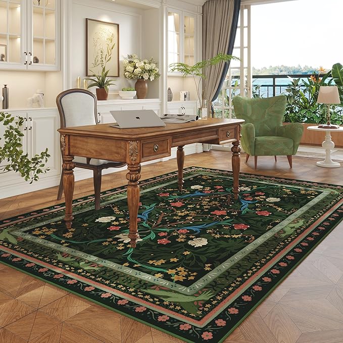 Area Rugs 8x10 for Living Room Clearance Washable Vintage Floral Botanical Rug Non Slip Low Pile Large Rug for Bedroom, Farmhouse, Dining Room, Kids Playroom, Green