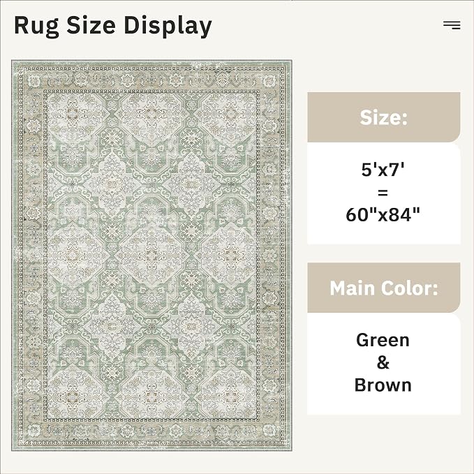 Soalmost 5x7 Area Rugs Green/Brown Low Pile Indoor Washable Trendy Faded Style