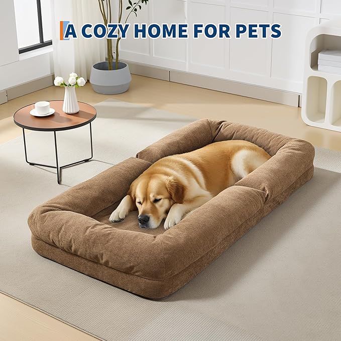 GarveeHome Human Dog Bed for Adult, Comfy Lazy Sofa Bed with 2 Pillows & 5 Adjustable Position, Chenille Upholstered Lounge Chair for Living Room Bedroom Brown