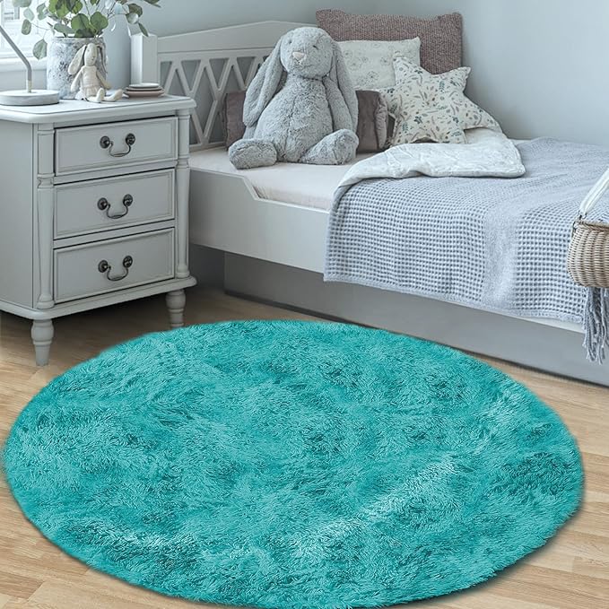 4FT Round Rug for Bedroom: Fluffy Shag Soft Washable Rugs Circle Small Fuzzy Plush Indoor Carpet for Living Room Nursery Playroom Dorm Kids Girls Boys Room (Teal Blue, 4'x4')