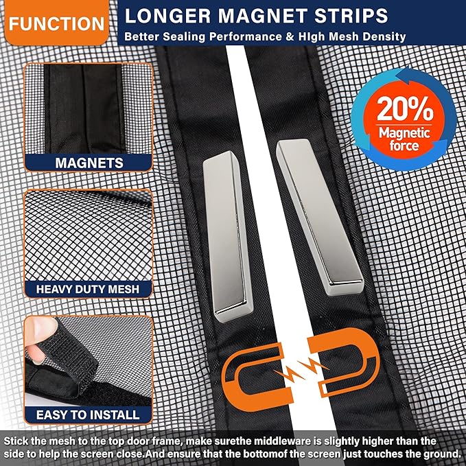 Magnetic Screen Door，Fiberglass Screen Door Mesh，Keep Bugs Out, Heavy-Duty Mesh Curtain,Pet and Kid Friendly, Works with Front Doors, Sliding Doors（36x80 Inch Fiberglass