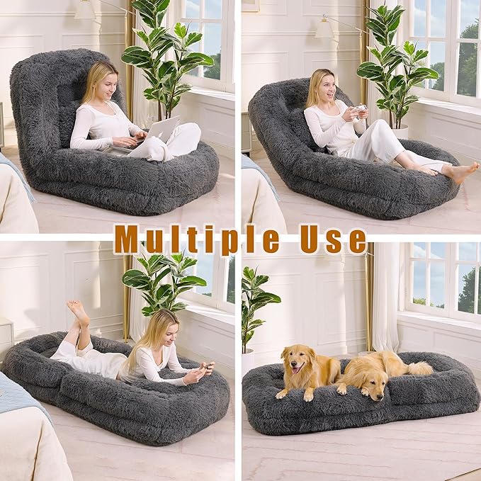 Dark Gray Foldable Human Dog Bed - 69"x35"x12" Fits You & Pets with Comfy Pillow, Washable Faux Fur, Oversized Lounger Lazy Sofa Beds with 5 Adjustable Position