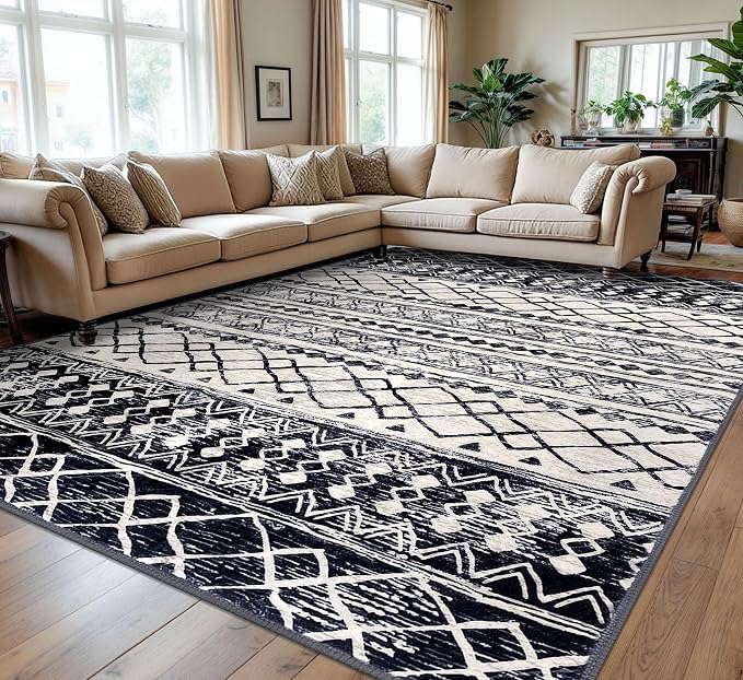 KUTA Moroccan Area Rugs 9x12 Living Room Black Navy Blue, Large Washable Boho