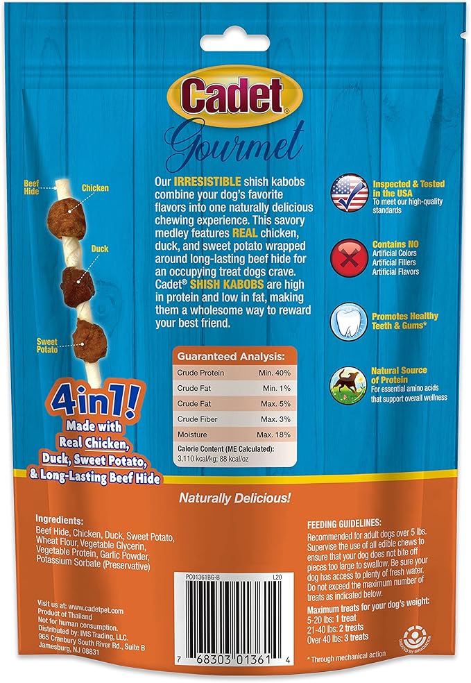 Cadet Gourmet Shish Kabob Dog Treats for Small Dogs, Healthy & Natural Chicken, Duck, & Sweet Potato Chew Sticks, Beef Hide, Small 5 Inch, 4 Ounce (Pack of 1)