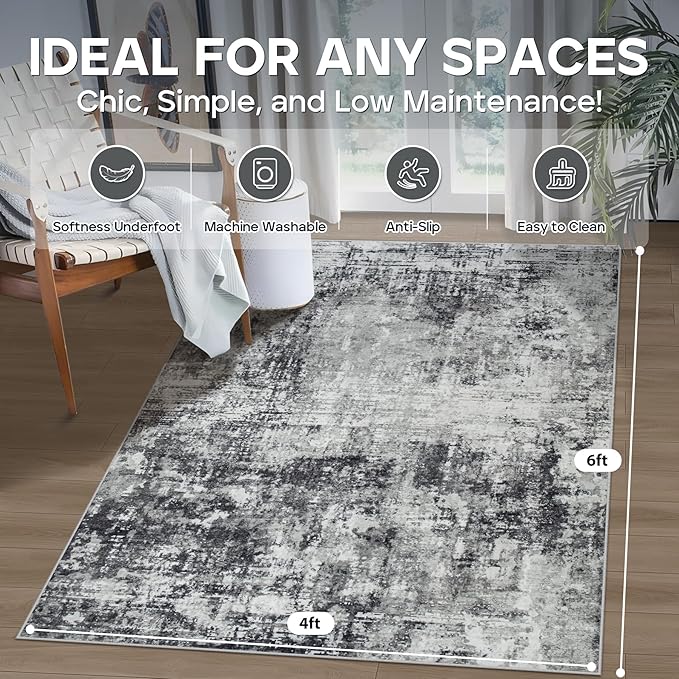4x6 Area Rugs for Living Room Rug Washable: Modern Large Rug for Dining Room Bedroom Carpet Non Slip Low Pile 4 by 6 Indoor Abstract Nursery Home Office Black Grey