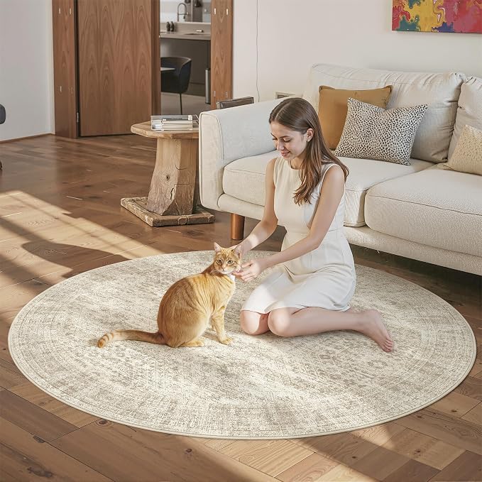 Soalmost 5x5 Beige Round Rug 5ft Living Room Circle Rug Vintage Round Area Rug