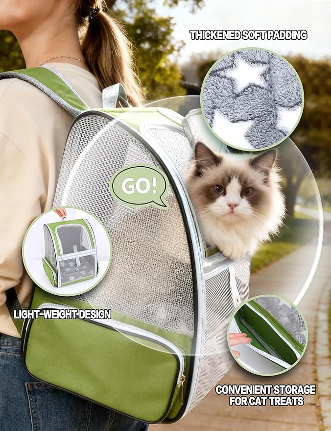 Green Cat Backpack Carrier with Washable Crate Bed Mat Breathable Cat Carrier Large Space for Medium Small Dog Puppy Kitty Bunny Ventilated Mesh Pet Backpack for Cats Travel Hiking Walking Outdoor Use