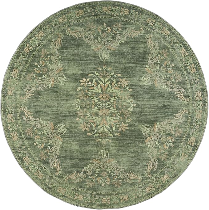 jinchan Round Rug 4ft Area Rugs Vintage Floral Distressed Design,Machine Washable Soft Non-Slip Low-Pile Ultra-Thin Circle Rug for Entryway Bedside Living Room Kitchen Nursery (4' Round,Dark Green)