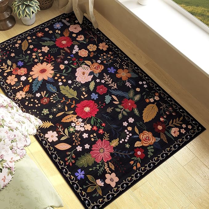 3x5 Area Rug, Floral Black Washable Rug for Entryway, Non Slip Flower Area Rugs, Soft Low Pile Indoor Doormat Small Carpet, Rugs for Living Room Bathroom Bedroom Nursery Kitchen Dining Room