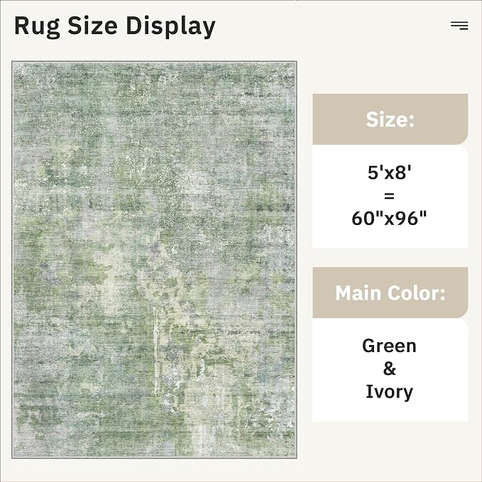 Soalmost 5x8 Area Rugs Green/Ivory Low Pile Indoor Washable Trendy Faded Style
