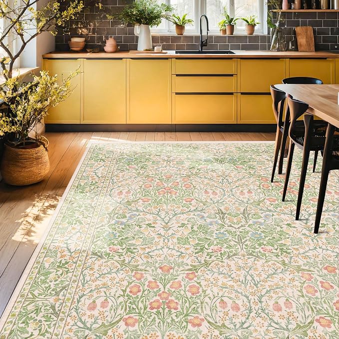 Vintage Washable Beige Green 10x14 Rug
