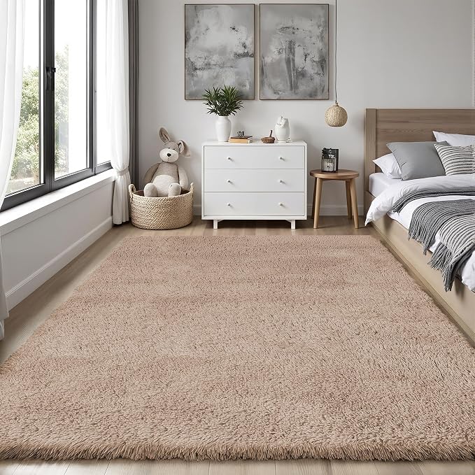 Area Rug for Living Room Bedroom: 6x9 Camel Soft Fluffy Shag Upgrade Non-Slip
