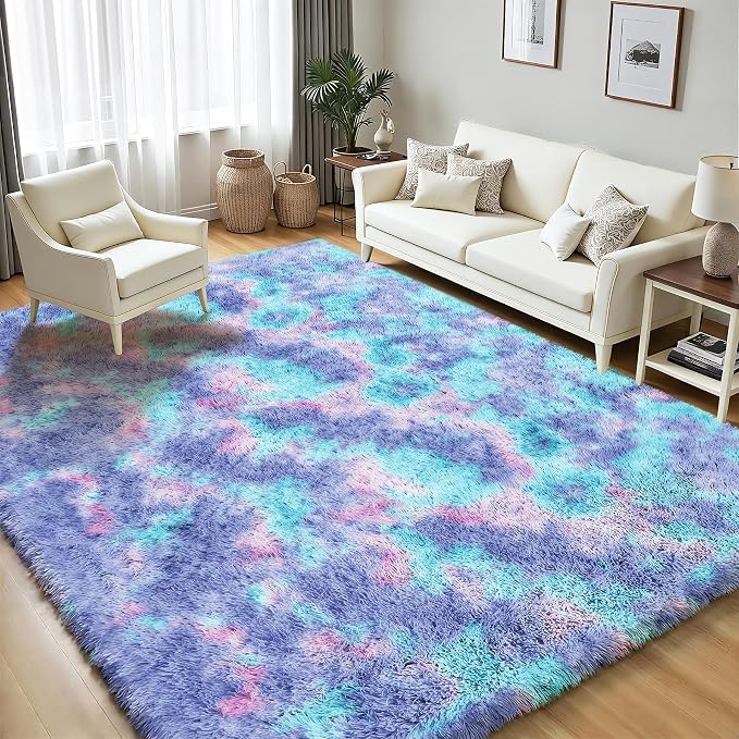 Rainbow Fluffy Rugs for Girls Bedroom: 4x6 Large Shag High Pile Area Rug