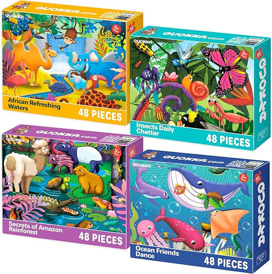 QUOKKA Puzzles for Toddlers 4-6 – 4 x 48 Pieces Jigsaw Puzzles for Kids Ages 3-5 – Learning Insects, African, Amazon, Ocean Animals Puzzle for 2-4 – Jigsaw Game for Boy and Girl 4-8 Year Old