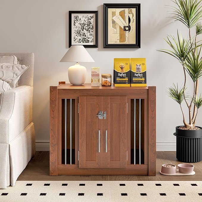 2 in 1 Night Stand with Storage & Dog Crate Furniture, Luxury Wooden Side Table Dog Kennel, Dogs Cage House Kennel End of Bed Bench Ottoman with Removable Cushion,Walnut-MDFMetal