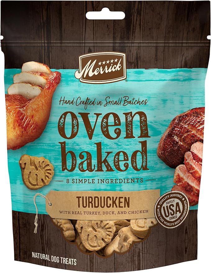 Merrick Oven Baked Natural And Crunchy Bag Of Treats, Turducken Recipe With Real Turkey, Duck, And Chicken - 11 oz. Bag