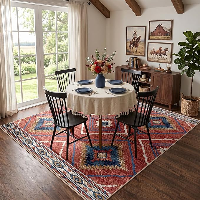 BESTSWEETIE Area Rug 8x8 Rug Machine Washable Non-Slip Low Pile Print Pattern