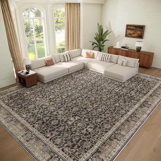 Washable 10x14 Area Rugs for Living Room, Boho Non-Slip Silicone Backing Rugs for Bedroom Dining Room Office, 0.3" Neutral Oriental Throw Carpet with 0.16" Cushioning Pad, Black/Multi