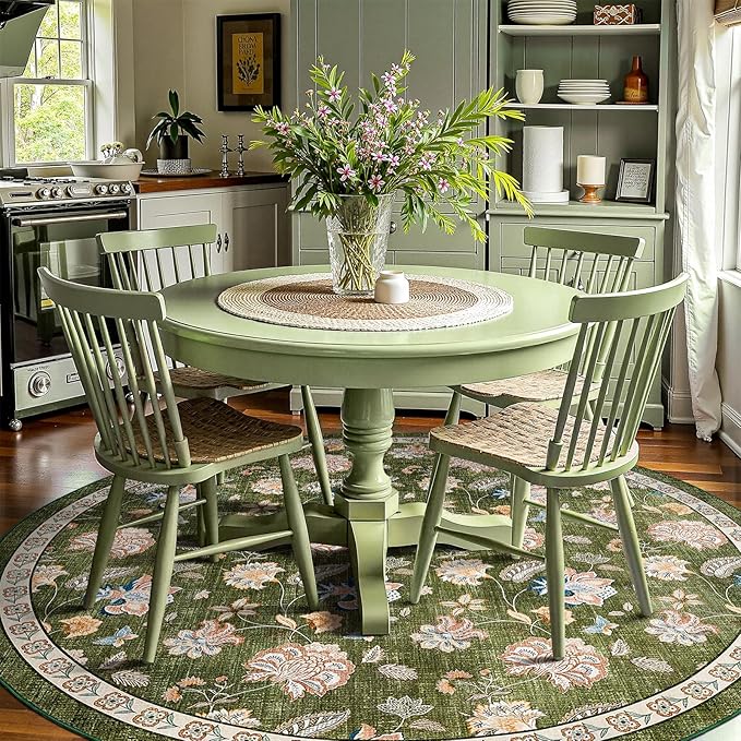 jinchan 8ft Floral Round Rug for Dining Room Washable Living Room Rug Vintage Romance Design Non Slip Indoor Floor Cover Lightweight Low-Profile Throw Carpet for Bedroom Porch Patio, Green