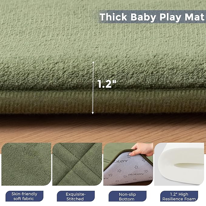 MAXYOYO 1.2" Thick Baby Play Mat for Floor, 59"x 78" Foldable Playpen Mat, Tummy Time Foam Mats Ultra Soft Support, Padded Carpet with Non-Slip Backing for Infant,Kids and Toddler Crawling, Green