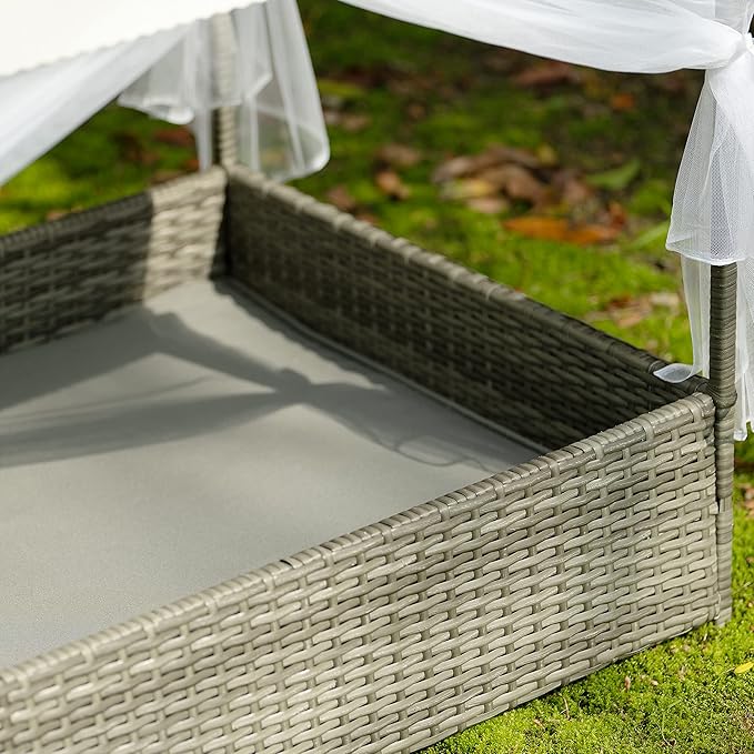 Dog Bed Outdoor Patio Furniture, PE Wicker Pet Bed with Metal Frame and Curtain, Elevated Cozy Pet Enclosure for Indoor Outdoor Use, 35.8" W x 28" D x 31.9" H, Black