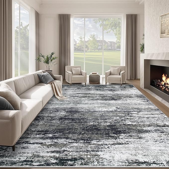 Washable Rug 8x10 Area Rugs for Living Room: Large Neutral Soft Rug Abstract Non Slip Low Pile Modern Carpet for Bedroom Kitchen Nursery Office Dining Room Indoor (Black, 8'x10')