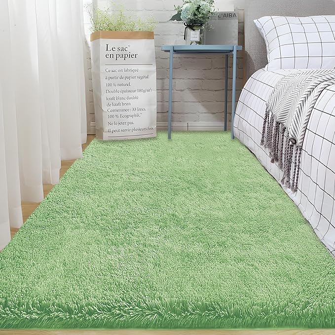 2x6 Runner Rug for Bedroom: Fluffy Shag Soft Washable Rugs Small Fuzzy Plush Indoor Carpet for Hallway Bedside Dorm Kids Girls Boys Room (Sage Green, 2'x6')