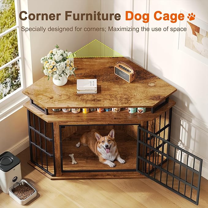 Corner Dog Crate Furniture with 2-Tier Shelves，51" Large Dog Kennel with Storage Indoor Wooden TV Stand, Modern Dog Cage Decorative Pet House, Rustic Brown