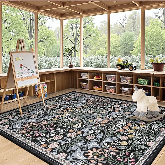 Area Rug Living Room Rugs: Floral 5x7 Washable Rug Vintage Soft Boho Non-Slip Carpet Indoor Stain Resistant Large Carpets for Bedroom Dining Room Farmhouse Nursery Hallway Home Office Dark Black
