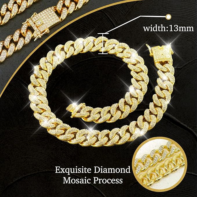 Dog Chain Designer Gold Crystal Pet Collar Cuban Link Chain with Secure Buckle Luxury Adjustable Necklacefor Small Medium Large Dogs Cats(Glod 16inch)