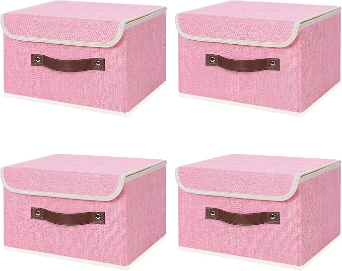 ANMINY 4PCS Storage Bins with Lid PU Leather Handles Storage Boxes PP Plastic Board Decorative Foldable Lidded Cotton Linen Fabric Home Cubes Baskets Closet Organizer Containers - Pink, Small Size