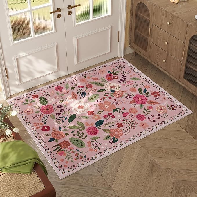 Rugcomf Door Mat Indoor Entrance 2x3 Rug Machine Washable Boho Floral Small