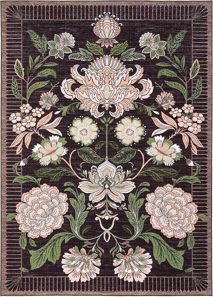 GarveeHome Plum Pink Floral Botanical Washable 8x10 Area Rug for Living Room Soft Black Purple Vintage Boho Cottage Large Rugs Low Pile Carpet for Bedroom Dining Nursery Rug