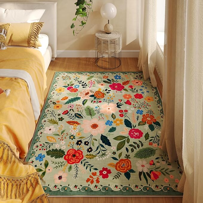 Rugcomf Bedroom Rug 3x5 Rug Washable Area Rug Non Slip Low Pile Boho Floral
