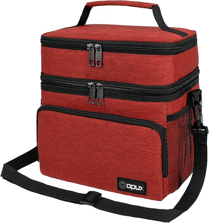 opux Insulated Lunch Bag for Men Women, Large Dual Compartment Cooler Bag, Soft Two Deck Lunch Box for Work School Picnic, Leakproof Lunch Tote with Shoulder Strap for Kid Adult (Red, Double Deck)