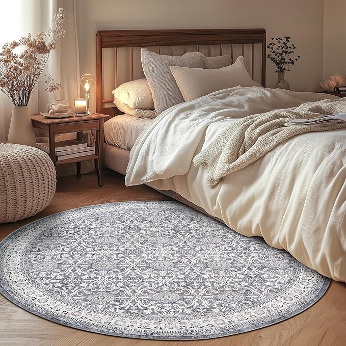 jinchan Round Rug 4ft Washable Circle Soft Rug - Low Pile Vintage 4'Round Indoor Grey Floral Print Stain Resistant Boho Carpet Ultra-Thin Non-Slip for Entryway Nursery Bedroom Dining Room Kitchen