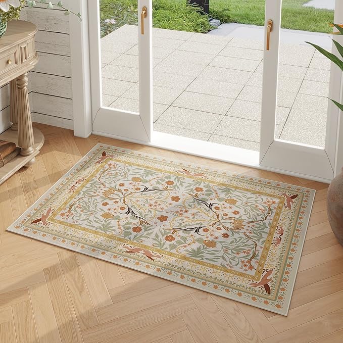 Door Mat Indoor Entrance 2x3 Rug Machine Washable Vintage Floral Botanical Small Area Rug Non-Slip Low Pile Throw Rugs for Entryway, Kitchen, Front Door Entrance, Entry, Kids Room, Yellow