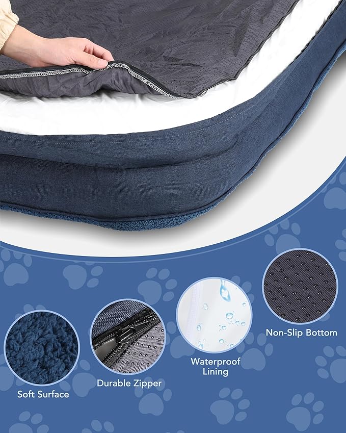 35'' x 22'' x 3.2'' L-Shaped Orthopedic Dog Beds, Medium Dogs Bed with Removable Cover and Nonskid Bottom, Navy Blue