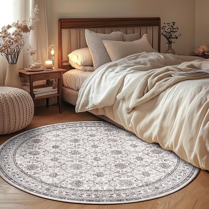 jinchan Round Rug 4ft Washable Circle Soft Rug - Low Pile Vintage 4'Round Indoor Beige Floral Print Stain Resistant Boho Carpet Ultra-Thin Non-Slip for Entryway Nursery Bedroom Dining Room Kitchen