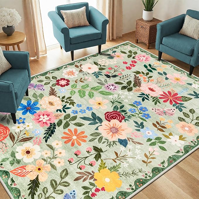 Area Rug Living Room Rugs: Floral 4x6 Washable Rug Vintage Soft Boho Non-Slip Carpet Indoor Floor Stain Resistant Large Carpets for Bedroom Dining Room Farmhouse Nursery Hallway Home Office Green
