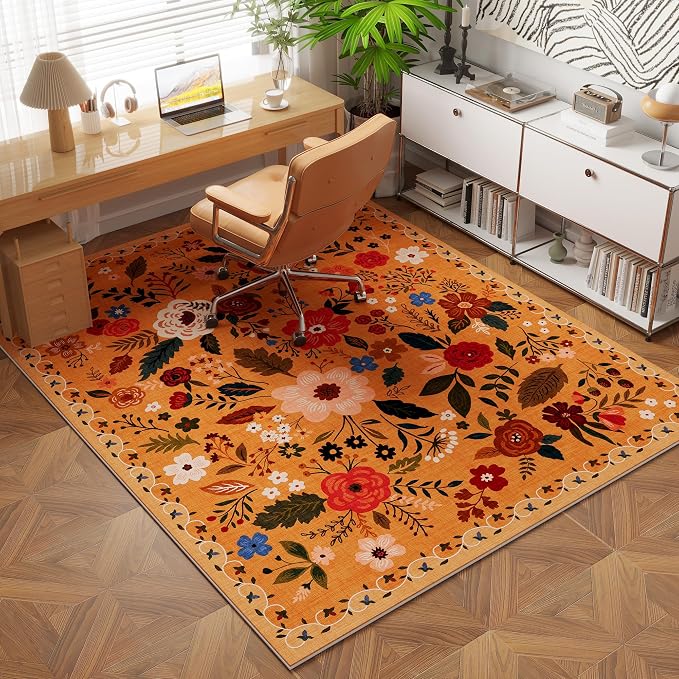 Rugcomf Area Rug 4x6 Rug Washable Boho Rugs Non Slip Low Pile Floral Small