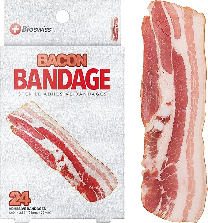 BioSwiss Bandages, Bacon Shaped Self Adhesive Bandage, Latex Free Sterile Wound Care, Fun First Aid Kit Supplies for Kids, 24 Count
