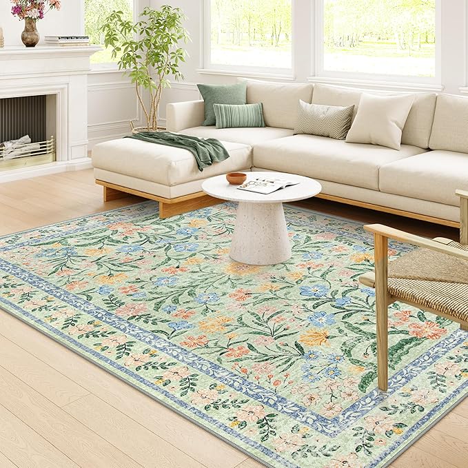 Wonnitar Boho Washable Rugs 8x10, Large Floral Rugs for Bedroom, 8 x 10 Soft Green Living Room Carpet, Non Slip Ultra-Thin Carpet for Kids Playroom Dorm Dining Room