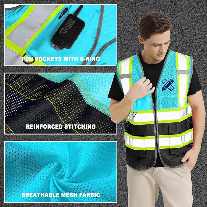 10 Pack Custom Safety Vest Customized Logo Mesh Vest Class 2 High Visibility Reflective Vest with Pockets Workwear（LightBlue Black，XXL ）