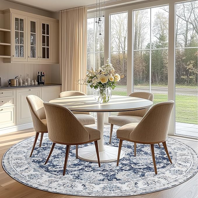 jinchan Round Rug 7ft Area Rugs Vintage Floral Distressed Design Machine Washable Non-Slip Low-Pile Ultra-Thin Circle Rug for Living Room Dining Room Bedroom Home Office Farmhouse (7' Round,Dark Blue)