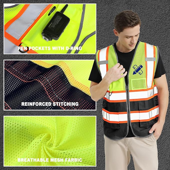BeautyWill Custom Mesh Safety Vest Customized Logo Class2 High Visibility Reflective Vest with Pockets Construction workwear（Yellow Black，3XL ）