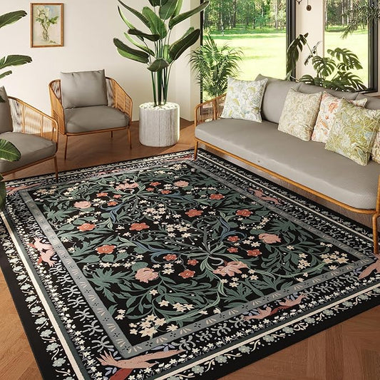 5x7 Washable Rug Vintage Floral Botanical Area Rug Non Slip Low Pile Large Rugs for Living Room, Bedroom, Farmhouse, Dining Room, Kids Playroom, Black