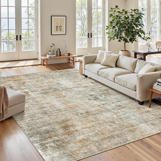 Soalmost Abstract Rug 5x7 Machine Washable Area Indoor Orange Low Pile Non-Slip
