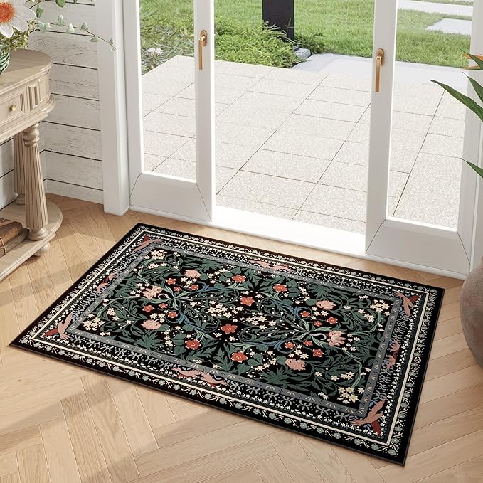 Door Mat Indoor Entrance 2x3 Rug Machine Washable Vintage Floral Botanical Small Area Rug Non-Slip Low Pile Throw Rugs for Entryway, Kitchen, Front Door Entrance, Entry, Kids Room, Black