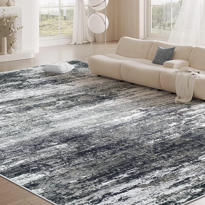 Washable Rug 8x10 Area Rugs for Living Room: Large Neutral Soft Rug Abstract Non Slip Low Pile Modern Carpet for Bedroom Kitchen Nursery Office Dining Room Indoor (Black, 8'x10')